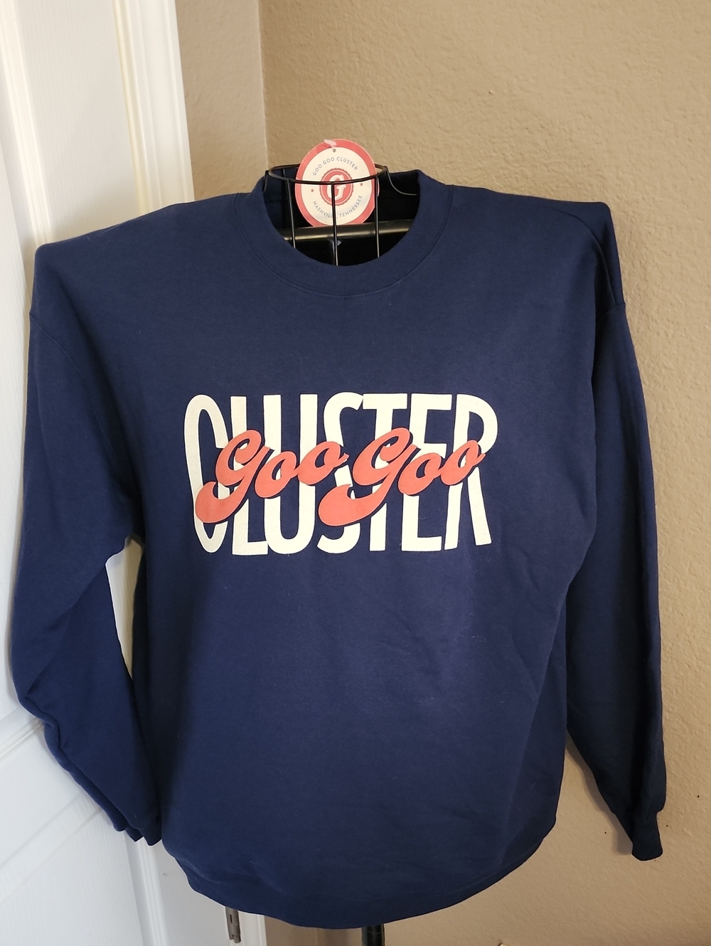 Hanes Navy Crewneck Sweatshirt with Orange & White Goo Goo Cluster Graphic